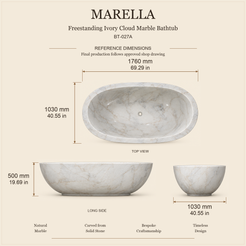 Marella BT-027A Ivory Cloud Marble bathtub dimensions: 1760 x 1030 x 500 mm (69.29 x 40.55 x 19.69 in), top, long side and end views.
