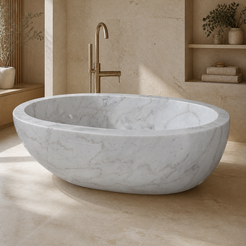 Marella Oval Freestanding Soaking Bathtub – Ivory Cloud Marble in a warm ivory-limestone luxury bathroom; exact product geometry and material preserved