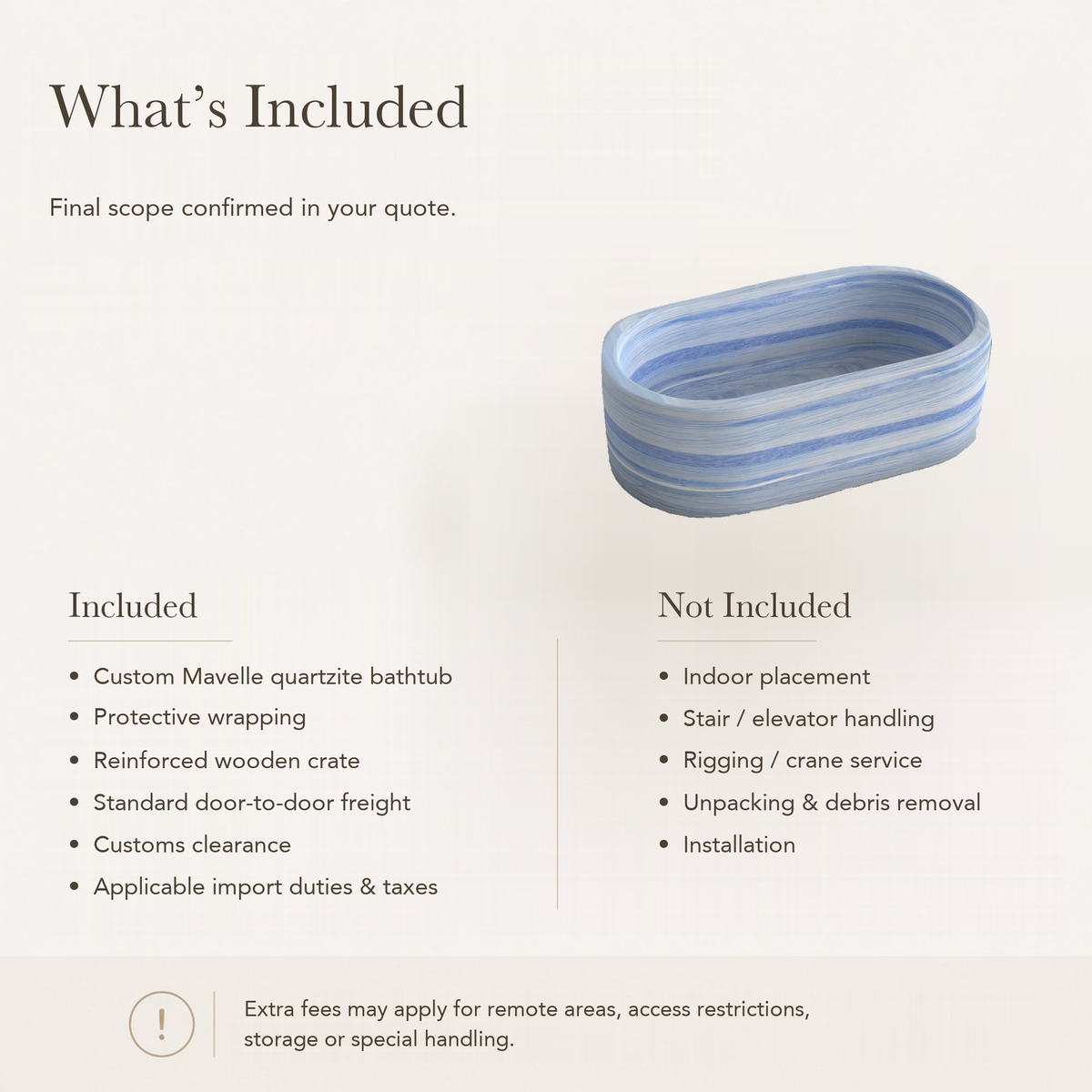 Mavelle Rounded-Rectangle Freestanding Soaking Bathtub – Azura Blue Quartzite — What’s Included in the Reference Price.
