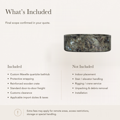 Mavelle Rounded-Rectangle Freestanding Soaking Bathtub – Celestia Blue Quartzite — What’s Included in the Reference Price.