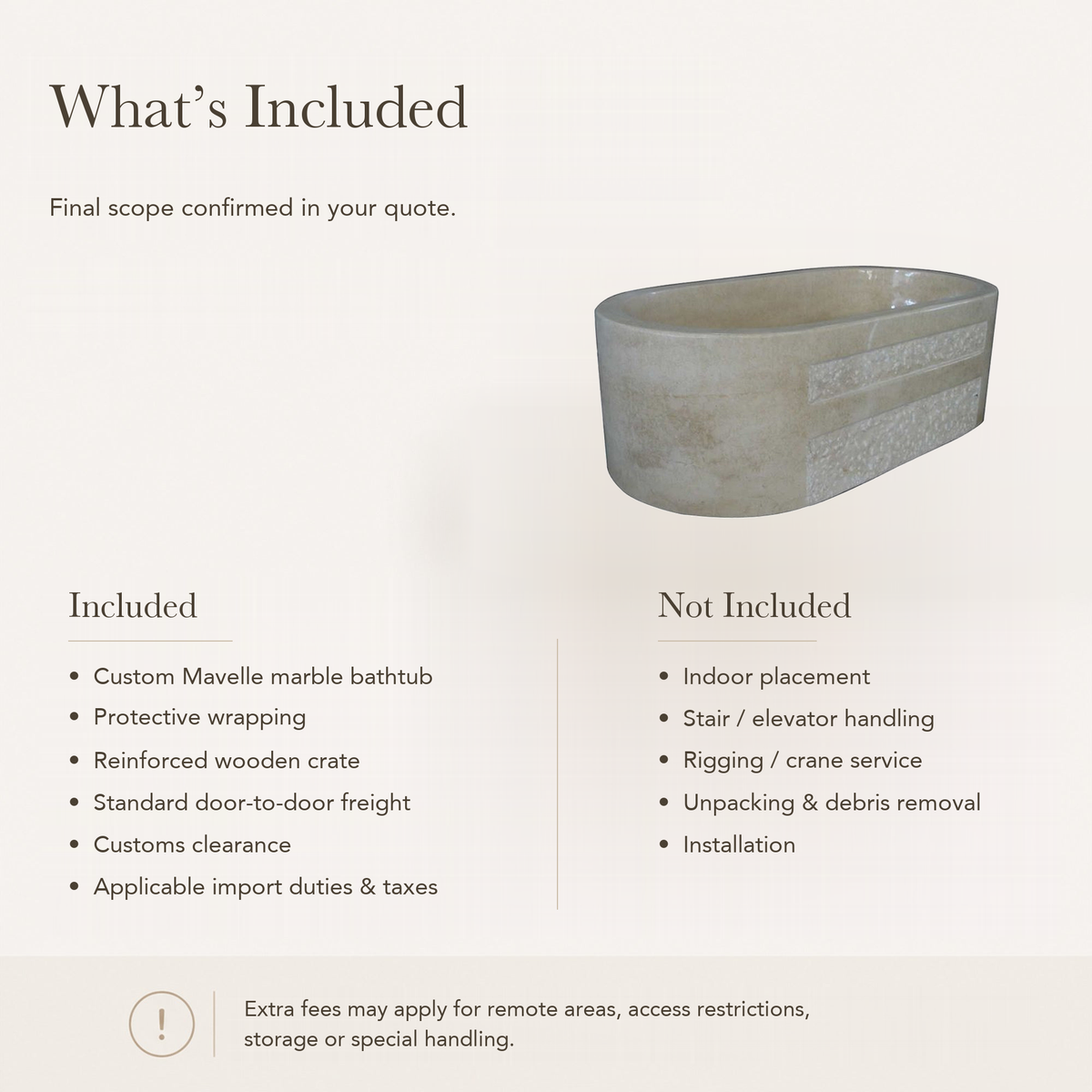 Mavelle Rounded-Rectangle Freestanding Soaking Bathtub – Galala Marble — What’s Included in the Reference Price.
