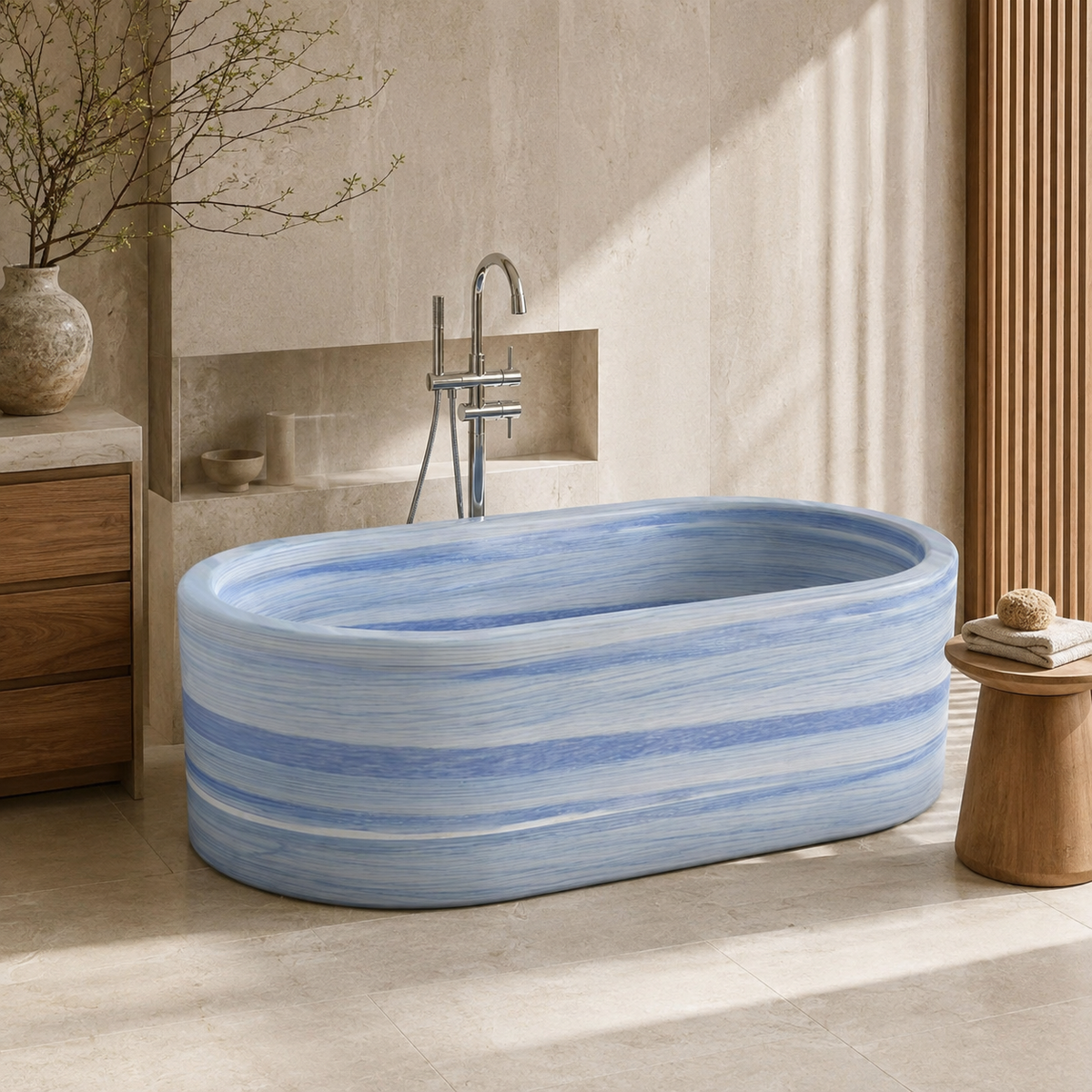 Mavelle Rounded-Rectangle Freestanding Soaking Bathtub – Azura Blue Quartzite in a warm ivory-limestone luxury bathroom; exact product geometry and material preserved