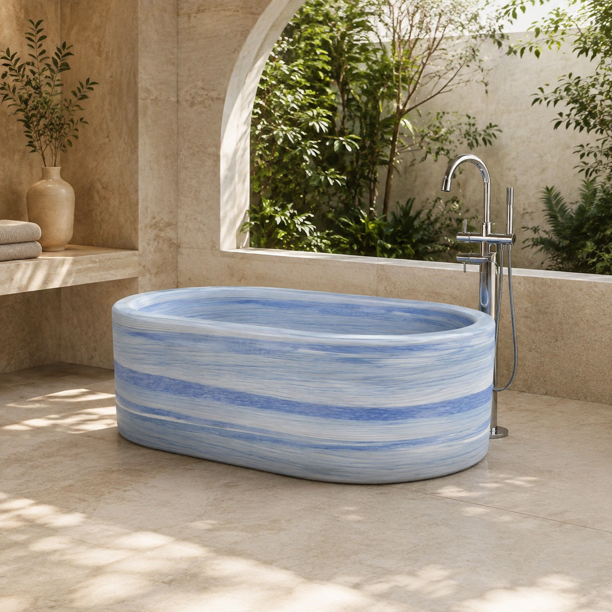 Mavelle Rounded-Rectangle Freestanding Soaking Bathtub – Azura Blue Quartzite in a bright serene courtyard spa bathroom; exact product geometry and material preserved