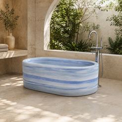 Mavelle Rounded-Rectangle Freestanding Soaking Bathtub – Azura Blue Quartzite in a bright serene courtyard spa bathroom; exact product geometry and material preserved