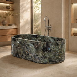 Mavelle Rounded-Rectangle Freestanding Soaking Bathtub – Celestia Blue Quartzite in a warm ivory-limestone luxury bathroom; exact product geometry and material preserved