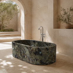 Mavelle Rounded-Rectangle Freestanding Soaking Bathtub – Celestia Blue Quartzite in a bright serene courtyard spa bathroom; exact product geometry and material preserved