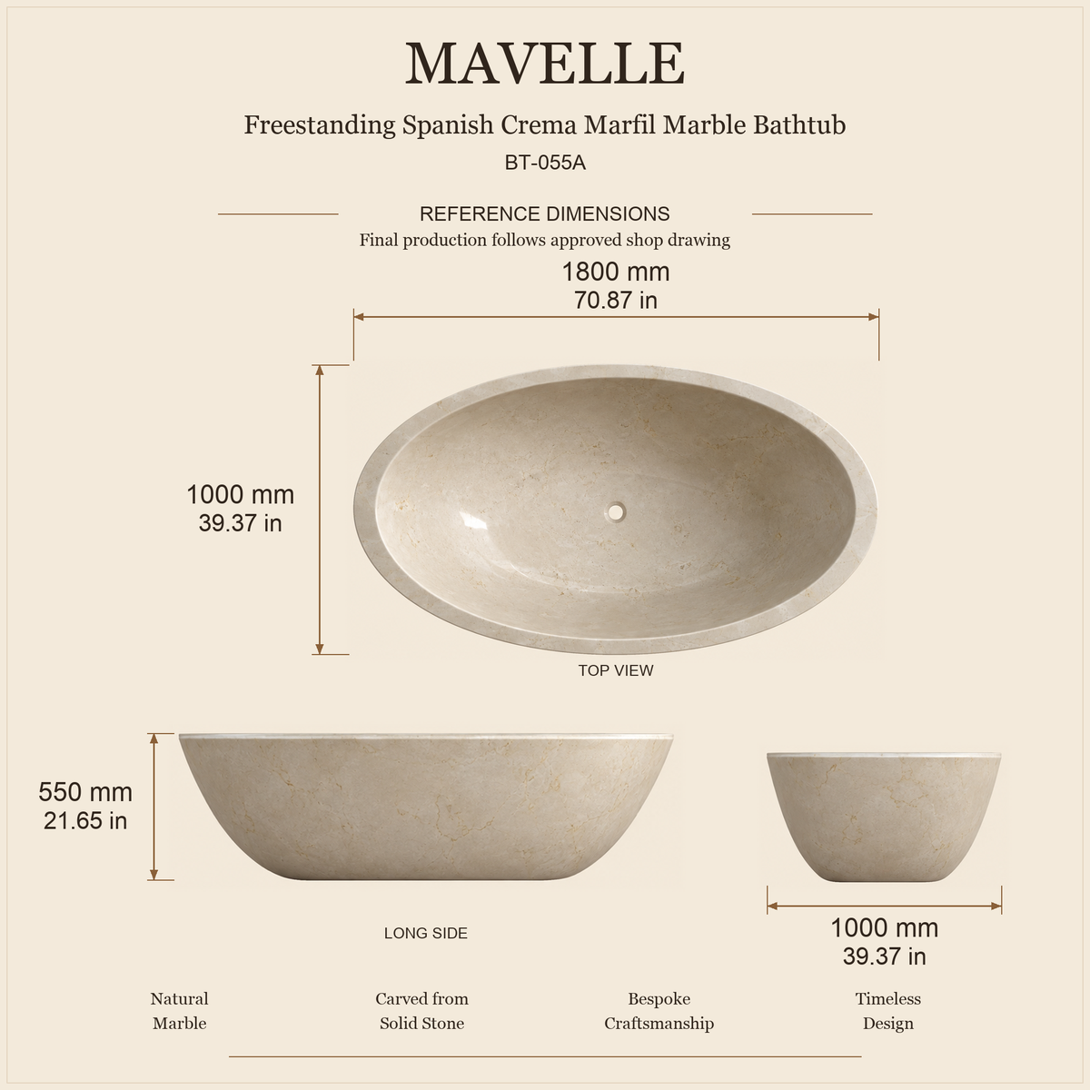 Mavelle BT-055A Spanish Crema Marfil Marble bathtub dimensions: 1800 x 1000 x 550 mm (70.87 x 39.37 x 21.65 in), top, long side and end views.