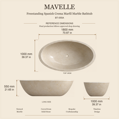 Mavelle BT-055A Spanish Crema Marfil Marble bathtub dimensions: 1800 x 1000 x 550 mm (70.87 x 39.37 x 21.65 in), top, long side and end views.