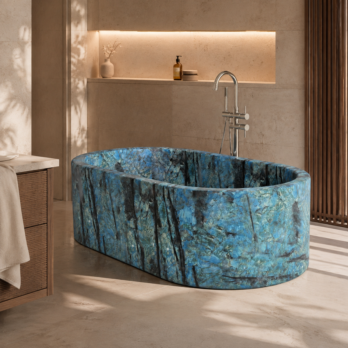 Mavelle Rounded-Rectangle Freestanding Soaking Bathtub – Danube Blue Quartzite in a warm ivory-limestone luxury bathroom; exact product geometry and material preserved