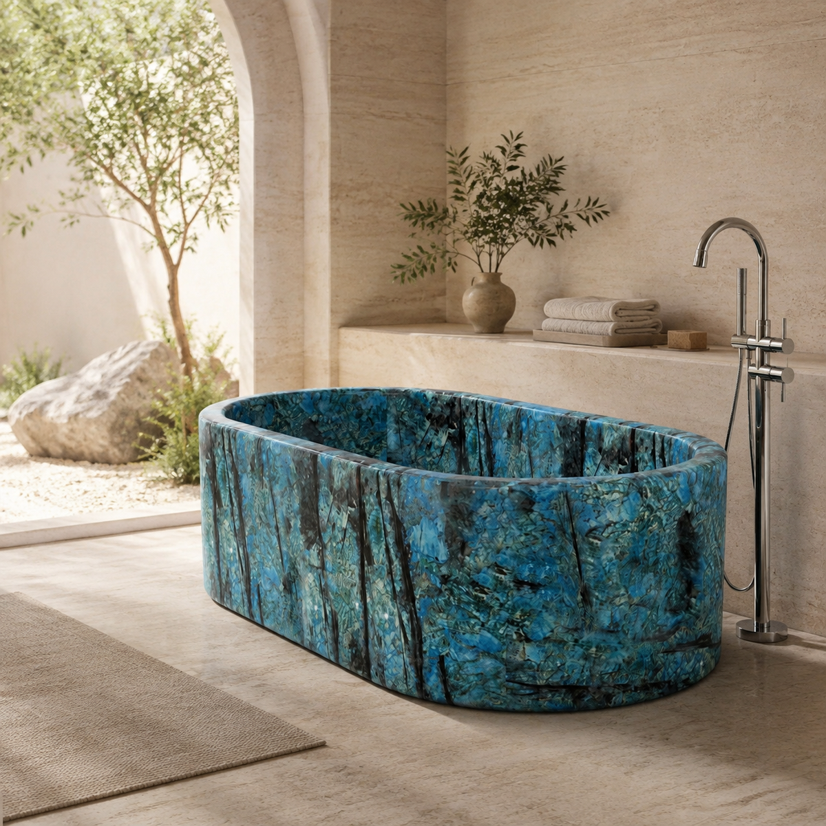 Mavelle Rounded-Rectangle Freestanding Soaking Bathtub – Danube Blue Quartzite in a bright serene courtyard spa bathroom; exact product geometry and material preserved