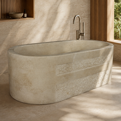 Mavelle Rounded-Rectangle Freestanding Soaking Bathtub – Galala Marble in a warm ivory-limestone luxury bathroom; exact product geometry and material preserved