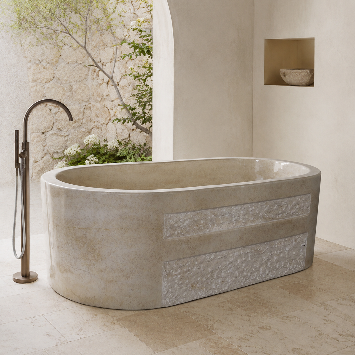 Mavelle Rounded-Rectangle Freestanding Soaking Bathtub – Galala Marble in a bright serene courtyard spa bathroom; exact product geometry and material preserved