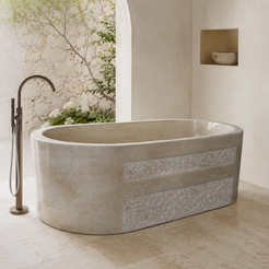 Mavelle Rounded-Rectangle Freestanding Soaking Bathtub – Galala Marble in a bright serene courtyard spa bathroom; exact product geometry and material preserved