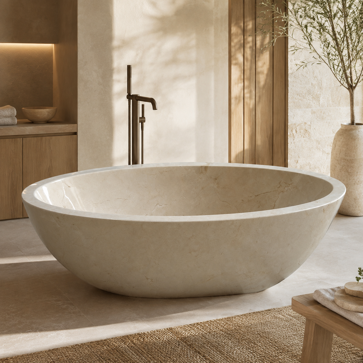 Mavelle Rounded-Rectangle Freestanding Soaking Bathtub – Spanish Crema Marfil Marble in a warm ivory-limestone luxury bathroom; exact product geometry and material preserved