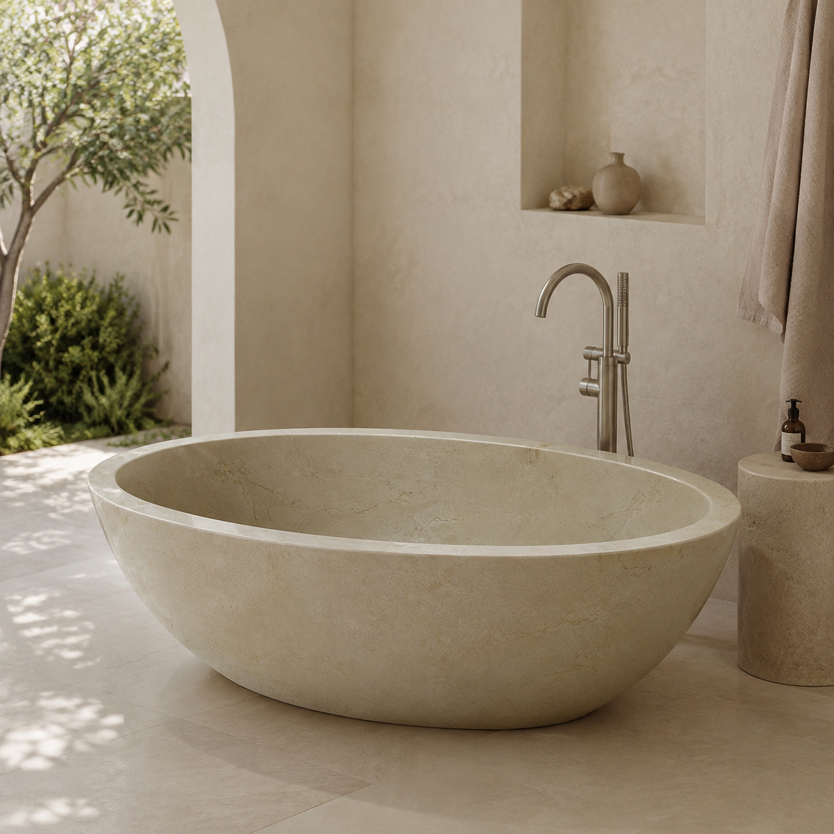 Mavelle Rounded-Rectangle Freestanding Soaking Bathtub – Spanish Crema Marfil Marble in a bright serene courtyard spa bathroom; exact product geometry and material preserved