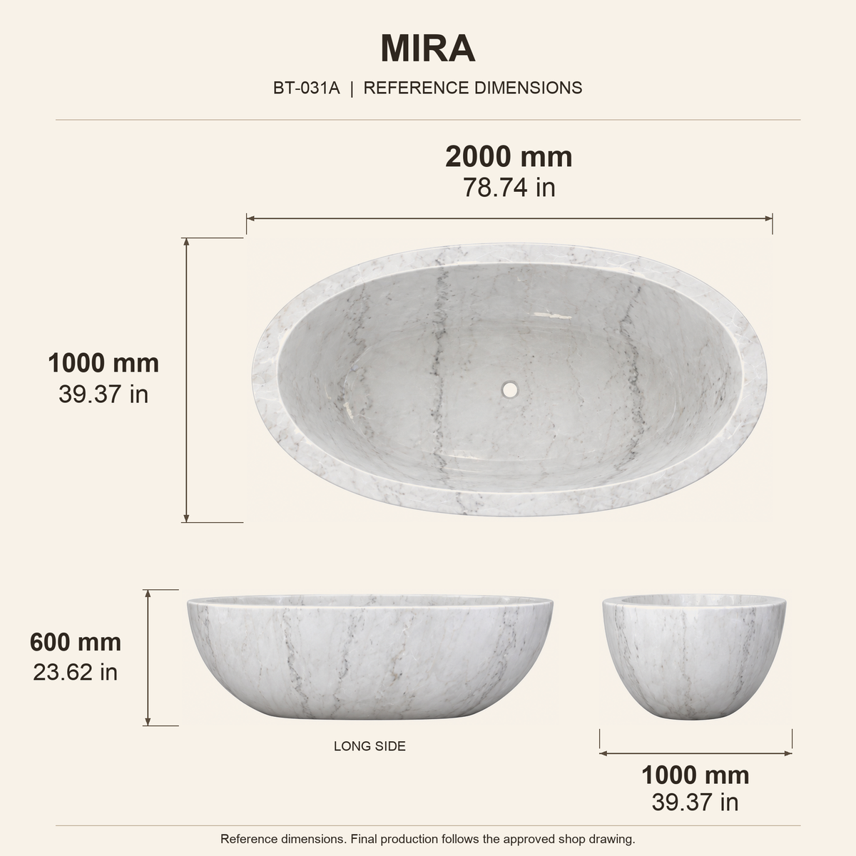 Mira Freestanding Deep Oval Marble Soaking Bathtub – Ivory Cloud reference dimension drawing with top, long-side and short-end views, measurements in millimetres and inches.