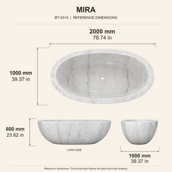 Mira Freestanding Deep Oval Marble Soaking Bathtub – Ivory Cloud reference dimension drawing with top, long-side and short-end views, measurements in millimetres and inches.