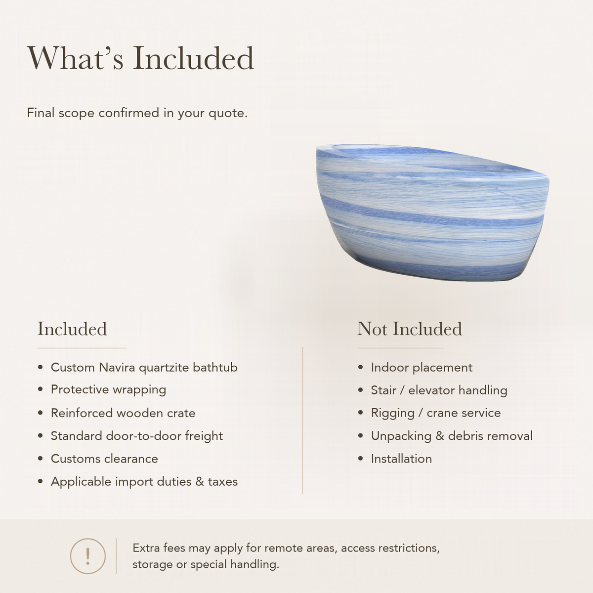 Navira Raised-End Oval Freestanding Soaking Bathtub – Azura Blue Quartzite — What’s Included in the Reference Price.