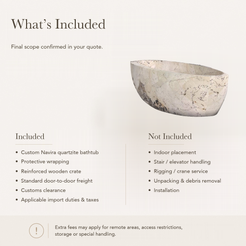Navira Raised-End Oval Freestanding Soaking Bathtub – Pandora Blanc Quartzite — What’s Included in the Reference Price.
