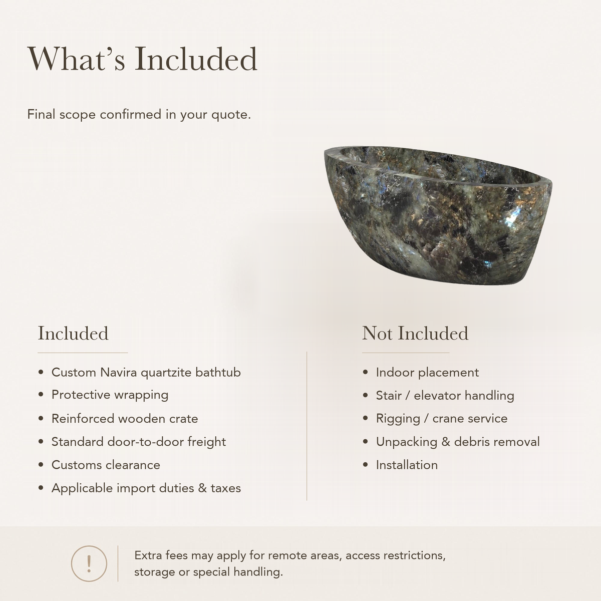 Navira Raised-End Oval Freestanding Soaking Bathtub – Celestia Blue Quartzite — What’s Included in the Reference Price.