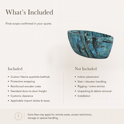 Navira Raised-End Oval Freestanding Soaking Bathtub – Danube Blue Quartzite — What’s Included in the Reference Price.
