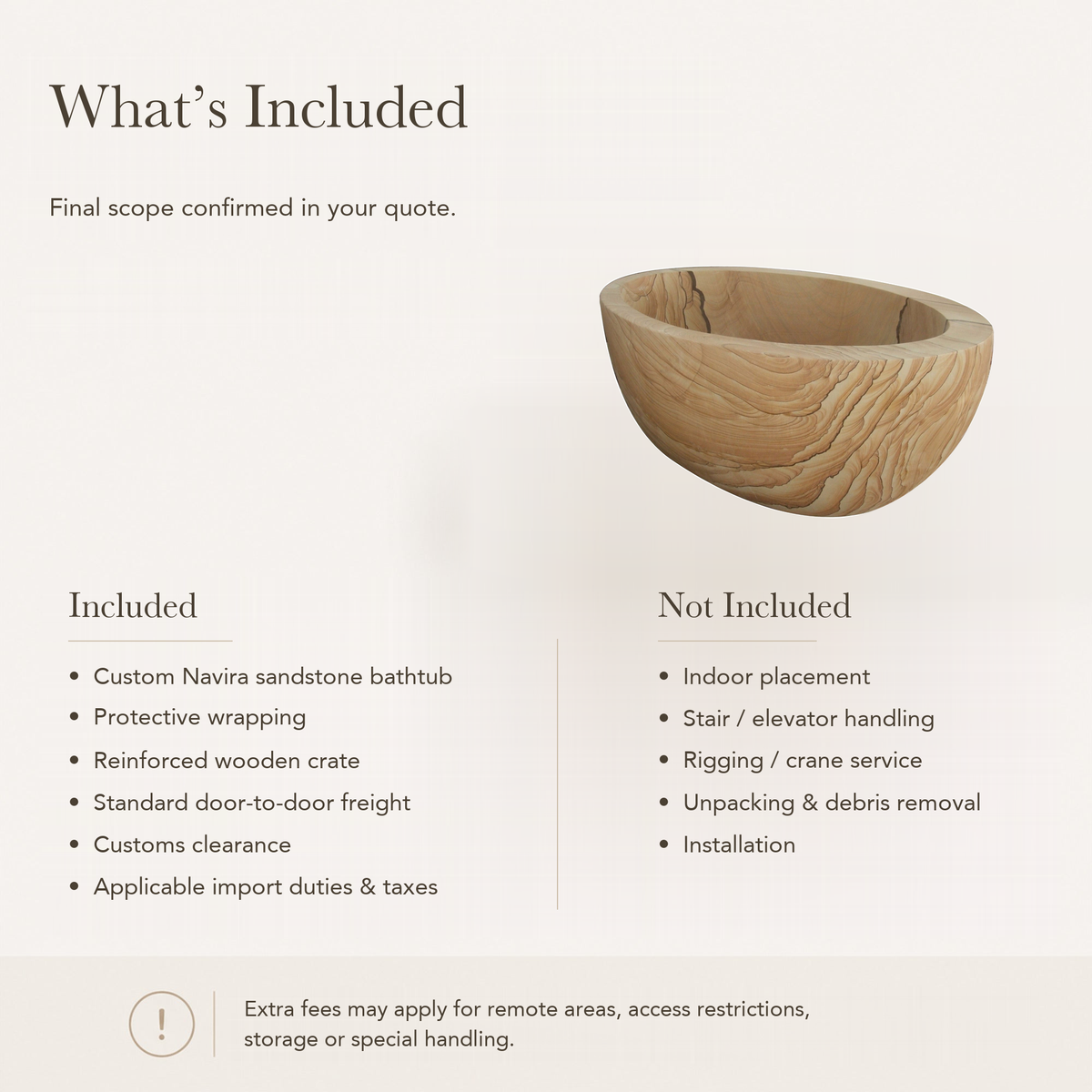 Navira Raised-End Oval Freestanding Soaking Bathtub – Natural Sandstone — What’s Included in the Reference Price.