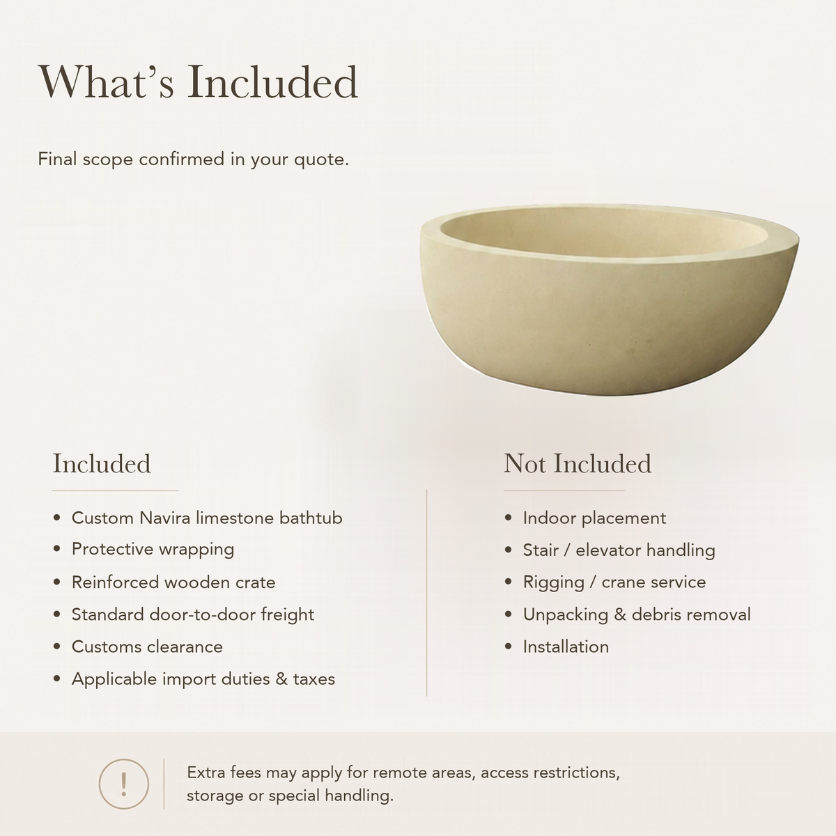 Navira Raised-End Oval Freestanding Soaking Bathtub – White Sand Beige Limestone — What’s Included in the Reference Price.