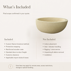 Navira Raised-End Oval Freestanding Soaking Bathtub – White Sand Beige Limestone — What’s Included in the Reference Price.