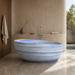 Navira Azura Blue Quartzite freestanding soaking bathtub, styled hero bathroom visualization