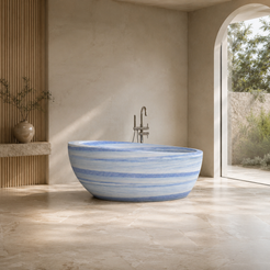 Navira Azura Blue Quartzite freestanding soaking bathtub, styled lifestyle bathroom visualization
