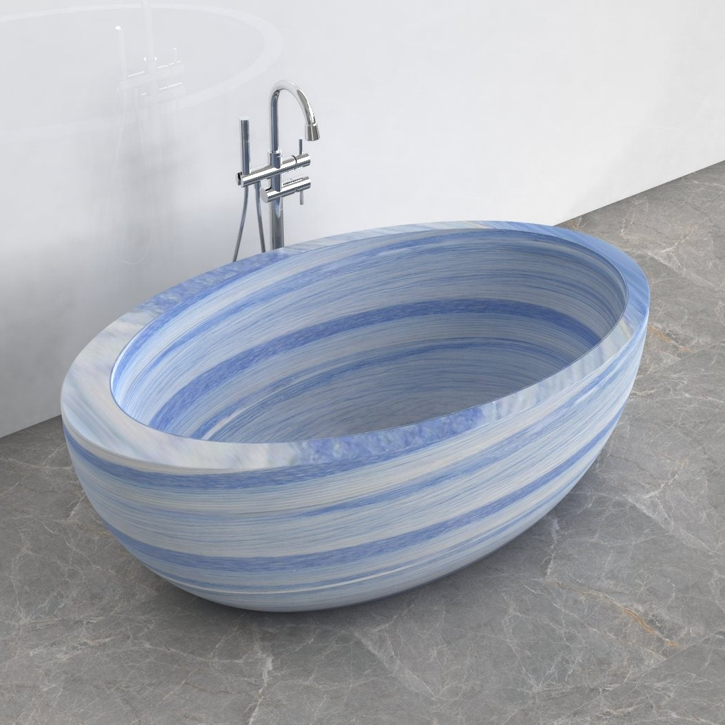 Navira Azura Blue Quartzite bathtub, studio top interior and drain visualization
