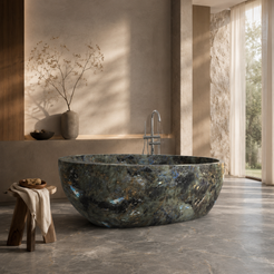 Navira Celestia Blue Quartzite freestanding soaking bathtub, styled hero bathroom visualization