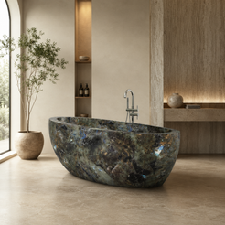 Navira Celestia Blue Quartzite freestanding soaking bathtub, styled lifestyle bathroom visualization