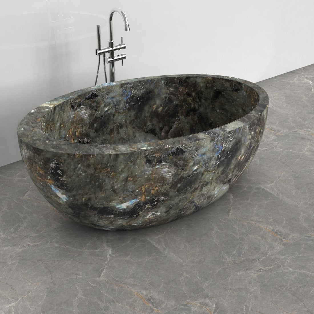 Navira Celestia Blue Quartzite bathtub, studio side-view visualization