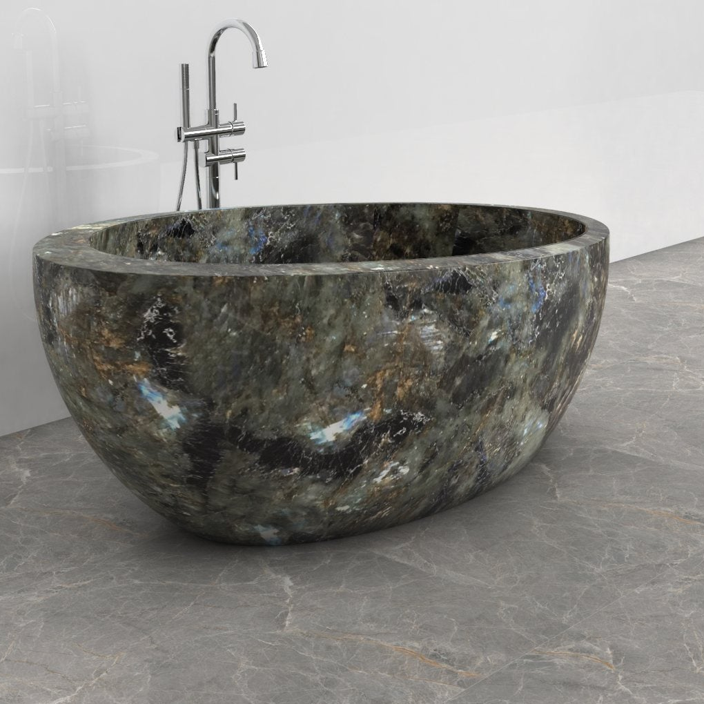 Navira Celestia Blue Quartzite bathtub, studio top interior and drain visualization