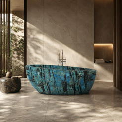 Navira Danube Blue Quartzite freestanding soaking bathtub, styled hero bathroom visualization
