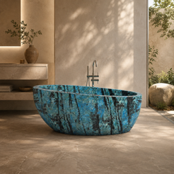 Navira Danube Blue Quartzite freestanding soaking bathtub, styled lifestyle bathroom visualization