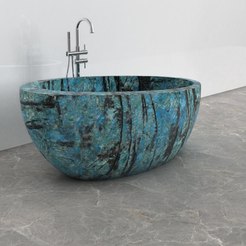 Navira Danube Blue Quartzite bathtub, studio side-view visualization