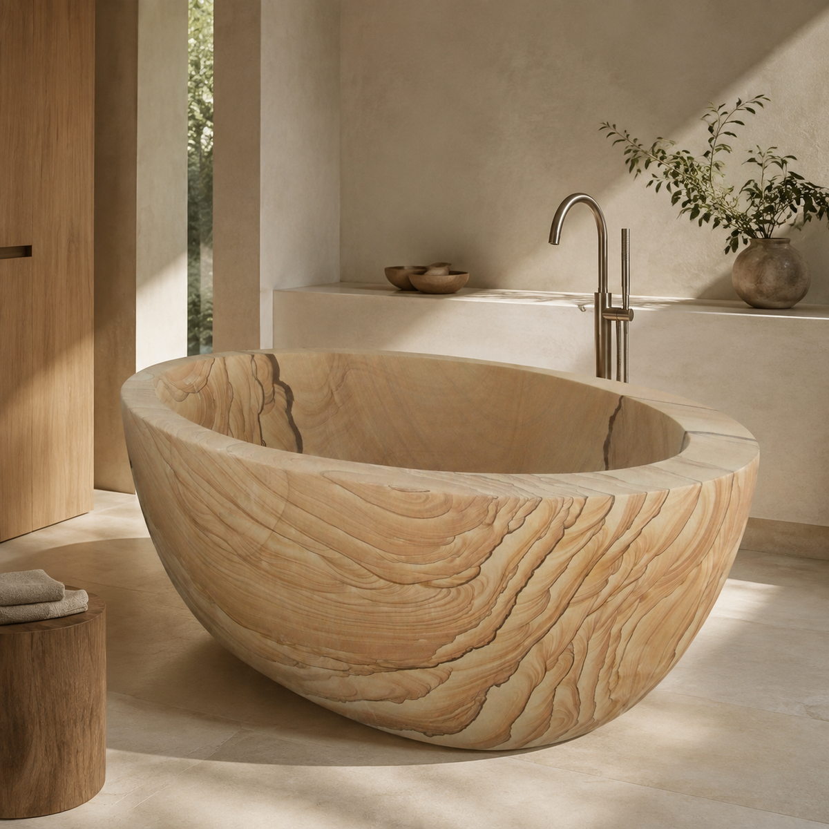 Navira Raised-End Oval Freestanding Soaking Bathtub – Natural Sandstone in a warm ivory-limestone luxury bathroom; exact product geometry and material preserved