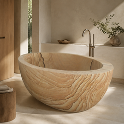Navira Raised-End Oval Freestanding Soaking Bathtub – Natural Sandstone in a warm ivory-limestone luxury bathroom; exact product geometry and material preserved