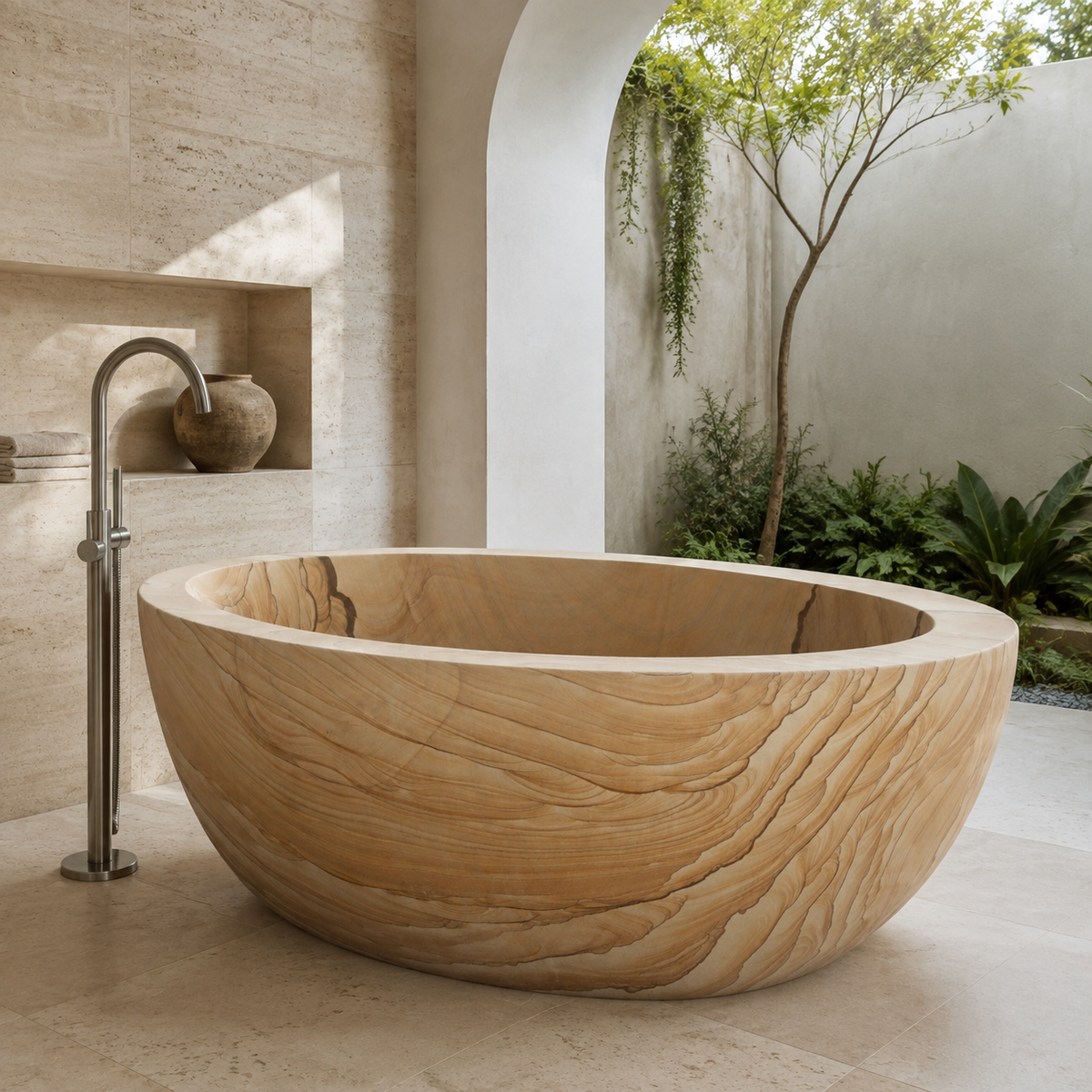Navira Raised-End Oval Freestanding Soaking Bathtub – Natural Sandstone in a bright serene courtyard spa bathroom; exact product geometry and material preserved