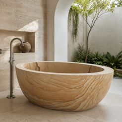 Navira Raised-End Oval Freestanding Soaking Bathtub – Natural Sandstone in a bright serene courtyard spa bathroom; exact product geometry and material preserved