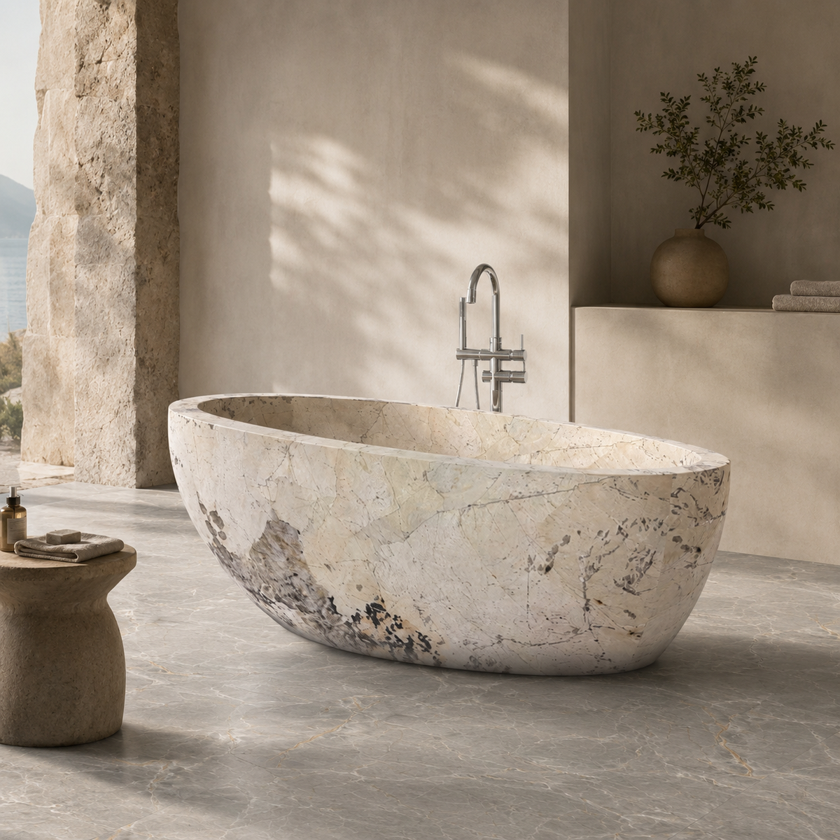 Navira Pandora Blanc Quartzite freestanding soaking bathtub, styled hero bathroom visualization