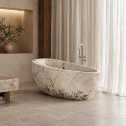 Navira Pandora Blanc Quartzite freestanding soaking bathtub, styled lifestyle bathroom visualization