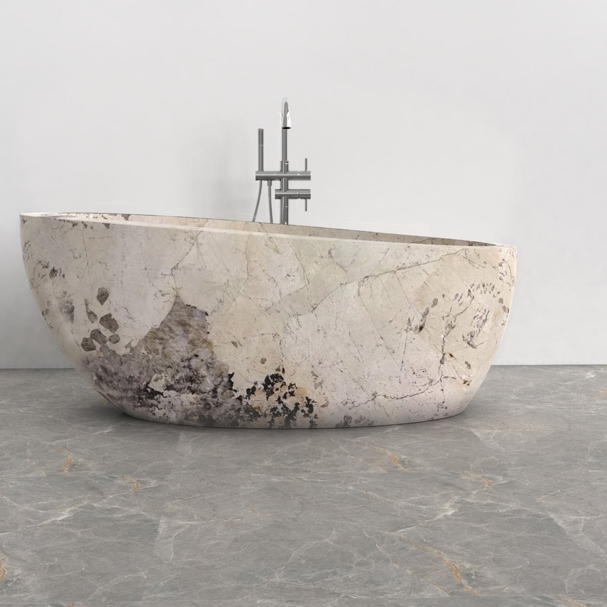 Navira Pandora Blanc Quartzite bathtub, studio side-view visualization