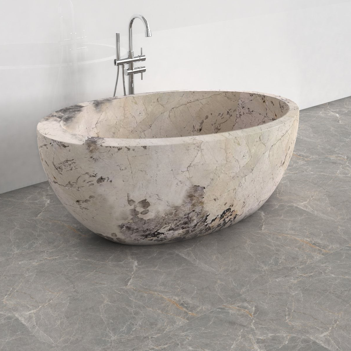 Navira Pandora Blanc Quartzite bathtub, studio top interior and drain visualization