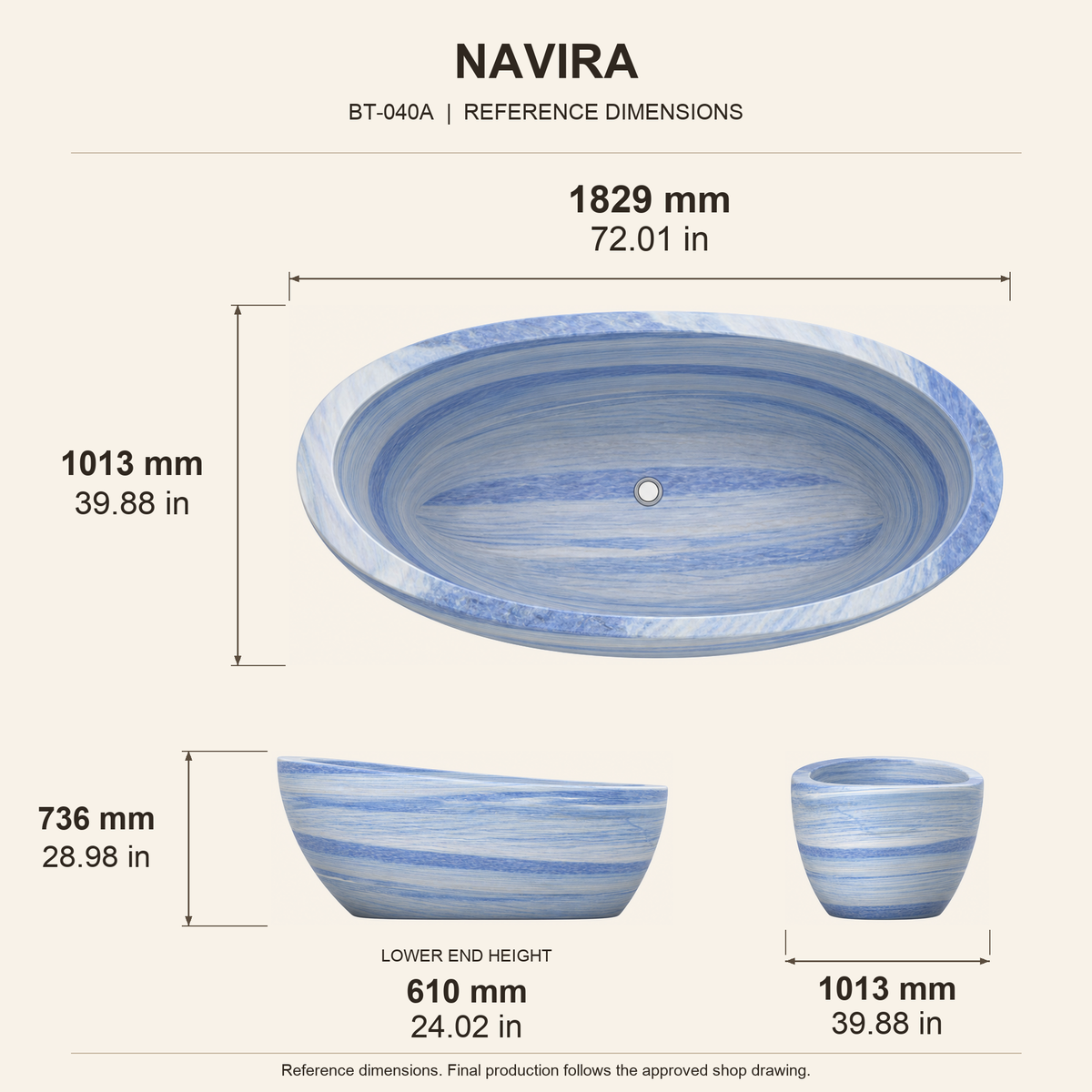 Navira Raised-End Oval Freestanding Soaking Bathtub – Azura Blue Quartzite reference dimension drawing with top, long-side and short-end views, measurements in millimetres and inches.