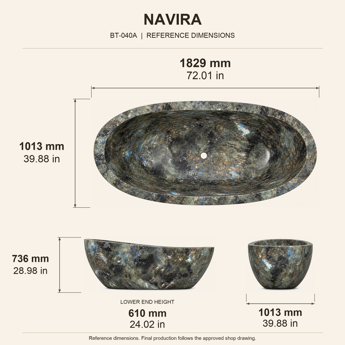 Navira Raised-End Oval Freestanding Soaking Bathtub – Celestia Blue Quartzite reference dimension drawing with top, long-side and short-end views, measurements in millimetres and inches.