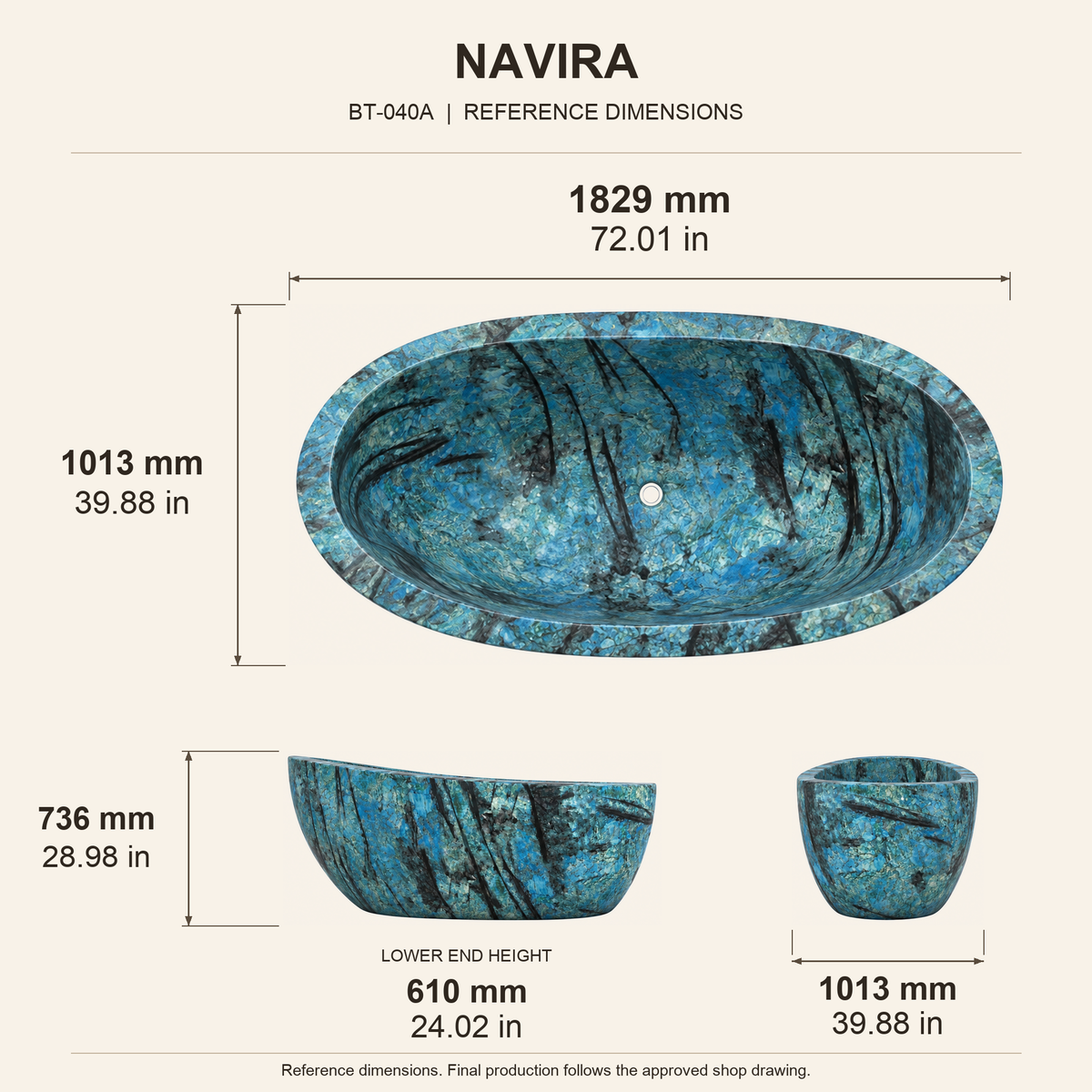 Navira Raised-End Oval Freestanding Soaking Bathtub – Danube Blue Quartzite reference dimension drawing with top, long-side and short-end views, measurements in millimetres and inches.