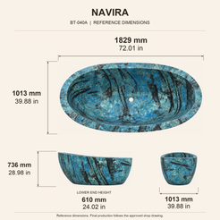 Navira Raised-End Oval Freestanding Soaking Bathtub – Danube Blue Quartzite reference dimension drawing with top, long-side and short-end views, measurements in millimetres and inches.